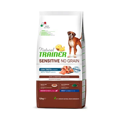 Natural Trainer Sensitive No Grain cibo per cani con trota e patate, senza zuccheri aggiunti, Made in Italy, per cani medi e grandi da 12 mesi, confezione da 12kg.