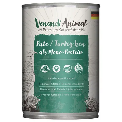 Venandi Animal Premium Katzenfutter, Pute als Mono-Protein. Naturbelassen, regionale Zutaten, besonders viel Fleisch, frei von Getreide.