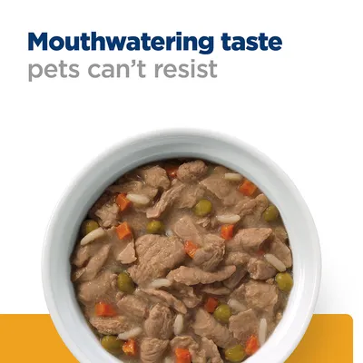 Bowl of wet pet food with meat chunks, peas, carrots and rice. Text reads: Mouthwatering taste pets can’t resist.