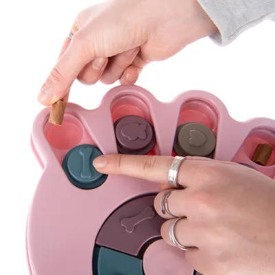 Interactive toy with pink paw shape. Hands place treats in compartments and move sliders with bone and fish symbols.