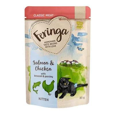 Feringa Classic Meat Kitten, salmon & chicken with broccoli and parsley, grain-free recipe, 85g. Packaging shows illustration of a black cat and rural landscape.
