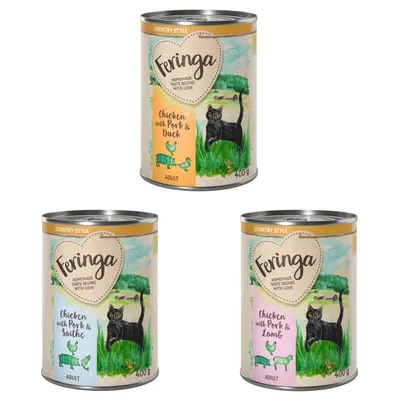 Feringa Country Style Nassfutter für Katzen, Sorten: Chicken with Pork & Duck, Chicken with Pork & Saithe, Chicken with Pork & Lamb, jeweils 400g Dose.
