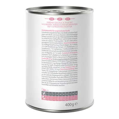 Blik met volledig diervoeder voor honden: verse gevogelte & kalf, bosbessen, wortels, wilde kruiden. 100% graanvrij. Samenstelling, voedingswaarden en voederingsschema zichtbaar. 400g.