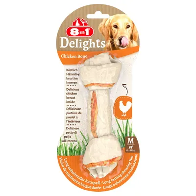 Confezione 8in1 Delights Chicken Bone M, osso con petto di pollo all'interno, per cani 10–25 kg. Testo visibile: 'Delizioso petto di pollo all'interno'.