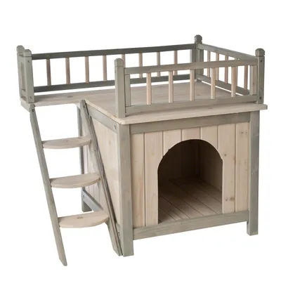 Houten dierenhuis met trap, open ingang aan de voorkant en omheind dakterras. Materiaal: hout. Geen merknaam of tekst zichtbaar.