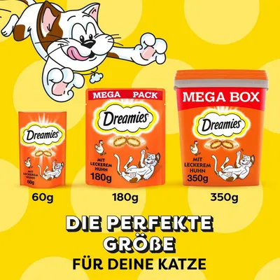 Dreamies mit leckerem Huhn in drei Grössen: 60g, 180g Mega Pack, 350g Mega Box. Text: Die perfekte Grösse für deine Katze.