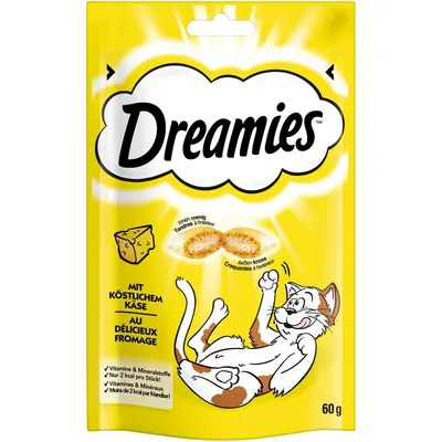 Dreamies z okusnim sirom, hrustljava zunanjost in kremasta notranjost. Vitamini in minerali, le 2 kcal na kos. Velikost pakiranja: 60 g.