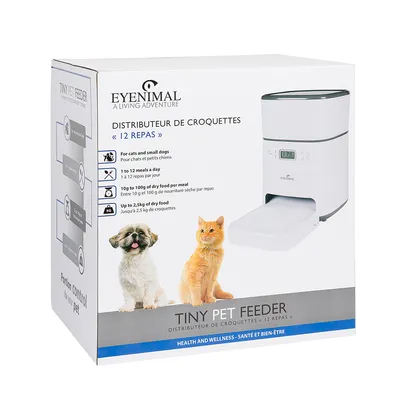 EYENIMAL Tiny Pet Feeder für Katzen und kleine Hunde. Bis zu 12 Mahlzeiten täglich, 10-100g Trockenfutter pro Mahlzeit, max. 2,5kg Futterkapazität.