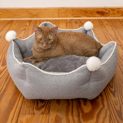 Graues Katzenbett mit weicher Polsterung und weissen Pompons, darauf liegt eine rotbraune Katze auf einem Holzboden.