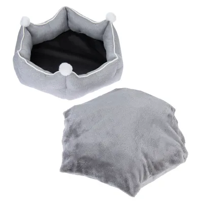 Graues, weiches Haustierbett in Kronenform mit weissen Pompons und herausnehmbarem Kissen. Ideal für Komfort und Stil.