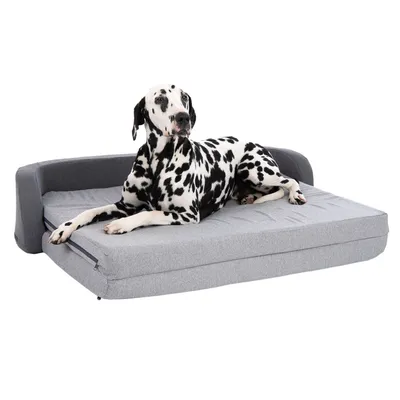 Dalmatiner liegt auf einem grauen Hundebett mit Rückenlehne. Produkt zeigt Komfort und Grösse des Bettes.