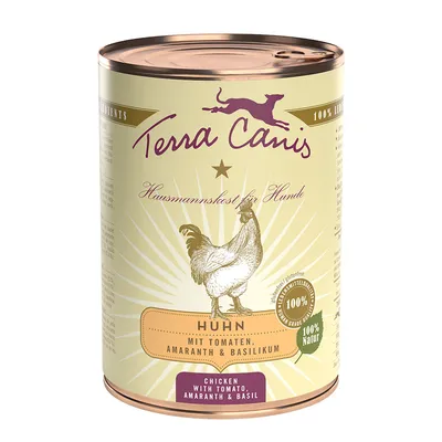 Boîte Terra Canis Huhn mit Tomaten, Amaranth & Basilikum, 100 % Natur, Chicken with tomato, amaranth & basil. Texte en allemand et anglais visibles sur l’emballage.