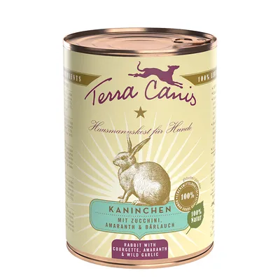 Terra Canis konzerv kutyaeledel, Kaninchen, cukkini, amaránt és medvehagyma felirattal. 100% Natur, gluténmentes, prémium grade quality látható a csomagoláson.