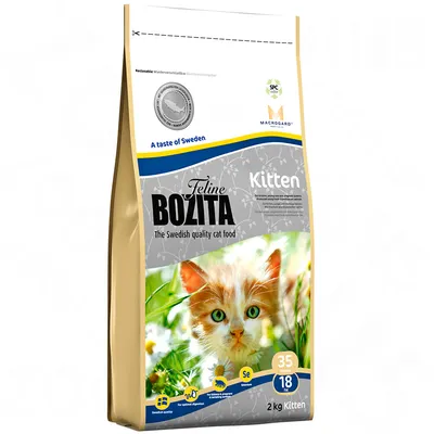Ambalaj hrană pentru pisici Feline Bozita Kitten, 2 kg. Text vizibil: The Swedish quality cat food, 35 proteină, 18 grăsimi, Se seleniu, A taste of Sweden, MACROGARD, SPC.