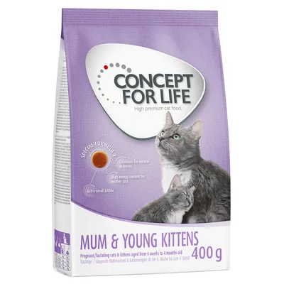 Concept for Life Mum & Young Kittens, 400 g. Special formula with colostrum for natural defences and extra small kibbles. For pregnant/lactating cats and kittens from 6 weeks to 4 months.