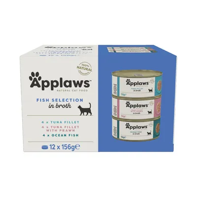 Applaws Natural Cat Food, Fish Selection in Broth. 12 tölkkiä à 156g: 4x tonnikalafilee, 4x tonnikalafilee katkaravulla, 4x merikala. 100 % luonnollisia ainesosia.
