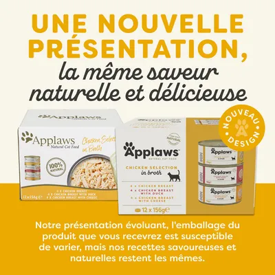 Une nouvelle présentation, la même saveur naturelle et délicieuse. Applaws Chicken Selection in Broth 12 x 156g. Nouveau design. L’emballage peut varier, recettes inchangées.