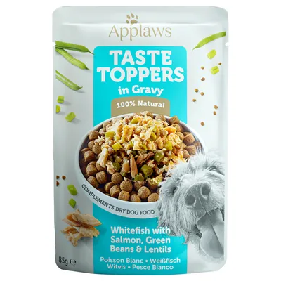 Applaws Taste Toppers в сос, 100% натурално. Бяла риба с сьомга, зелен фасул и леща. Допълваща суха храна за кучета. Разфасовка: 85g.