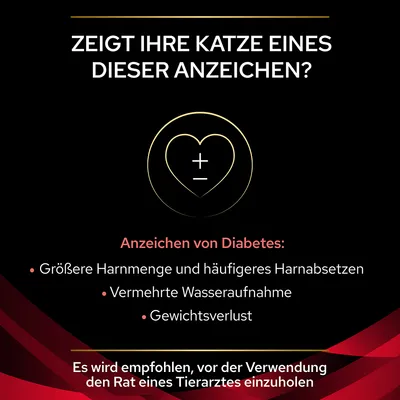 Texte en allemand : signes de diabète chez le chat, urines abondantes, soif accrue, perte de poids. Recommandation de consulter un vétérinaire avant utilisation.
