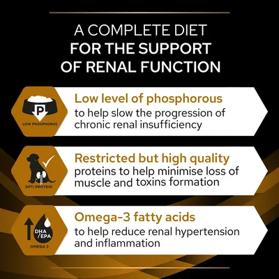 A complete diet for renal support: low phosphorus to slow chronic renal insufficiency, restricted high quality proteins to reduce muscle loss, omega-3 fatty acids to lower hypertension.