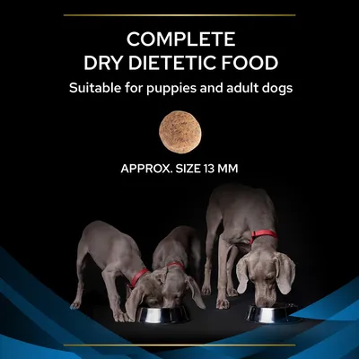 Complete dry dietetic food, suitable for puppies and adult dogs, with kibble size approximately 13 mm. Image shows three dogs eating from bowls.
