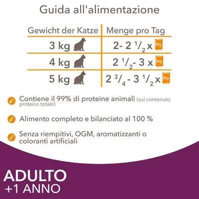 Guida alimentare per gatti: 3 kg 2–2½x85g, 4 kg 2½–3x85g, 5 kg 2¾–3½x85g. 99% proteine animali, alimento completo, senza riempitivi, OGM, aromi o coloranti artificiali. Adulto +1 anno.