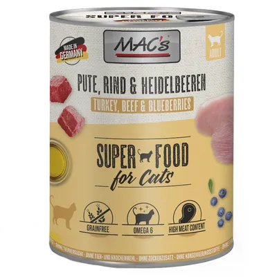 Mac's Super Food for Cats, tacchino, manzo e mirtilli. Prodotto in Germania. Senza cereali, omega 6, alto contenuto di carne. Senza farine animali, senza zuccheri aggiunti, senza conservanti.