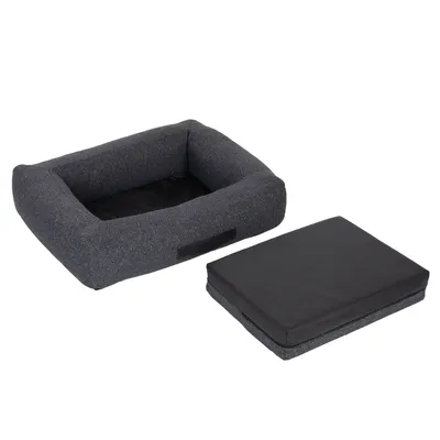 Dark grey pet bed with removable, padded cushion. Rectangular shape, suitable for small to medium-sized animals.