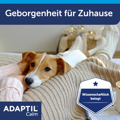 Texte en allemand : « Geborgenheit für Zuhause ». Badge : « Wissenschaftlich belegt ». Marque visible : ADAPTIL Calm. Texte non traduit, image promotionnelle.