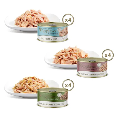 Applaws Natural Cat Food i gelé, varianter: tunfiskefilet, tunfisk med laks, tunfisk med tang, 70g dåse, 4-pak.
