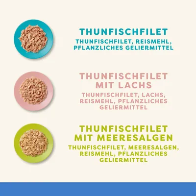 Drei Sorten: Thunfischfilet, Thunfischfilet mit Lachs, Thunfischfilet mit Meeresalgen. Zutaten: Thunfischfilet, Reismehl, pflanzliches Geliermittel, Lachs oder Meeresalgen.