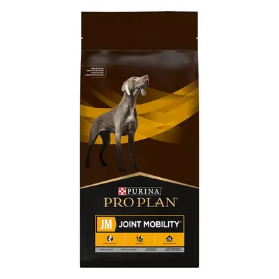 Purina Pro Plan JM Joint Mobility dry food with icons for joint support, omega 3 and antioxidants. Suitable for puppy and adult.