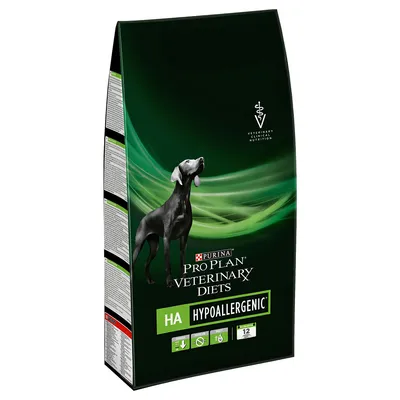Опаковка Purina Pro Plan Veterinary Diets HA Hypoallergenic за кучета. Видими са икони за хипоалергенна формула, препоръка от ветеринар, 12 кг.