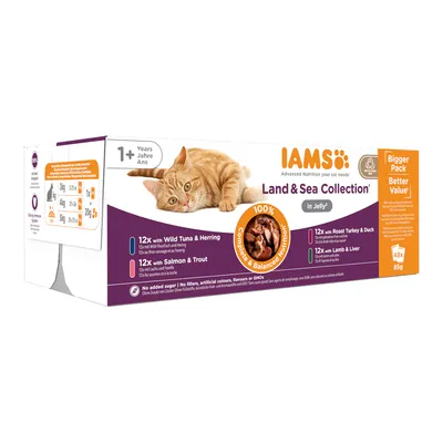 IAMS Land & Sea Collection en gelatina, 48x85g. Variedades: atún salvaje y arenque, salmón y trucha, pavo asado y pato, cordero e hígado. Para gatos desde 1 año. Sin azúcares añadidos, colorantes artificiales ni OGM.