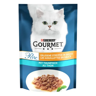 Purina Gourmet Perle, fijne reepjes in saus, met tonijn. Verpakking toont een witte langharige kater en geserveerde portie.