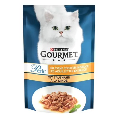 Purina Gourmet Perle, fijne reepjes in saus met kalkoen. Verpakking toont een witte langharige kater en het geserveerde product.