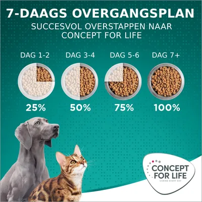 7-daags overgangsplan voor Concept for Life: dag 1–2 25%, dag 3–4 50%, dag 5–6 75%, dag 7+ 100%. Succesvol overstappen naar Concept for Life. Logo rechtsonder.