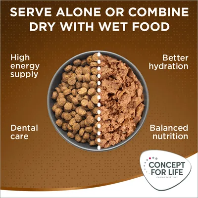 Testo in inglese: Serve alone or combine dry with wet food. High energy supply, dental care, better hydration, balanced nutrition. Concept for Life Caring Every Day. Testo in inglese: Serve alone or combine dry with wet food. High energy supply, dental care, better hydration, balanced nutrition. Concept for Life Caring Every Day.