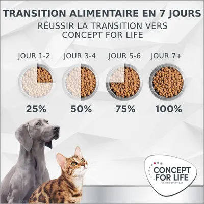 Tableau de transition alimentaire Concept for Life sur 7 jours : jour 1–2 25 %, jour 3–4 50 %, jour 5–6 75 %, jour 7+ 100 %. Chien et chat en bas, logo Concept for Life.