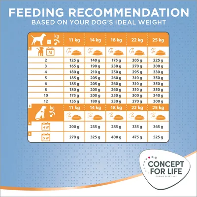 Tabella consigli alimentari per cani Concept for Life: dosi giornaliere in grammi per peso ideale da 11 a 25 kg, suddivise per età e settimane. Marchio visibile: Concept for Life.