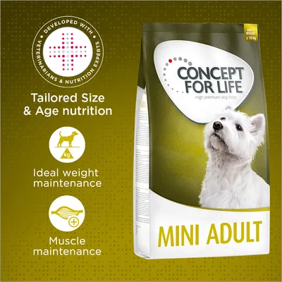 CONCEPT FOR LIFE MINI ADULT, crocchette per cani, testo visibile: 'Tailored Size & Age nutrition', 'Ideal weight maintenance', 'Muscle maintenance', 'DOG'S WEIGHT ≤10 kg'.