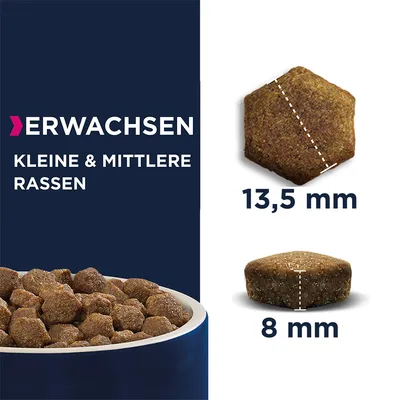 Trockenfutter für erwachsene Hunde kleiner und mittlerer Rassen. Krokettengrösse: Durchmesser 13,5 mm, Höhe 8 mm.