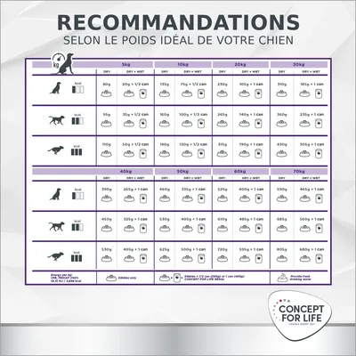 Tableau de recommandations d’alimentation Concept for Life pour chiens selon poids idéal, avec quantités en croquettes et boîtes pour 5 à 70 kg. Inclut symboles croquettes, boîtes, eau.