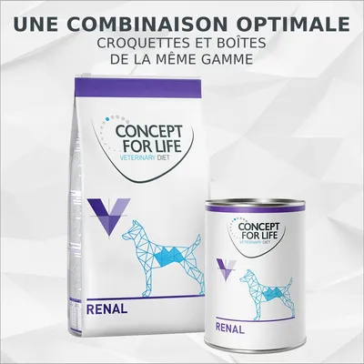 Concept for Life Veterinary Diet Renal – croquettes et boîte de la même gamme pour chien. Texte visible : une combinaison optimale, croquettes et boîtes de la même gamme.