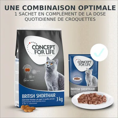 Croquettes et sachet Concept for Life British Shorthair 3 kg, texte visible : « Une combinaison optimale, 1 sachet en complément de la dose quotidienne de croquettes »