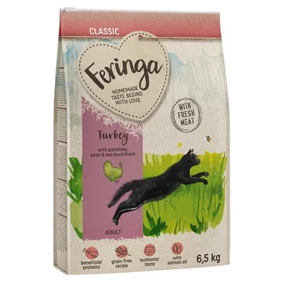 Sac Feringa Classic Turkey pour chat adulte, 6,5 kg. Texte visible : Homemade taste begins with love, with fresh meat, with potatoes, peas & sea buckthorn, grain-free recipe, with salmon oil.