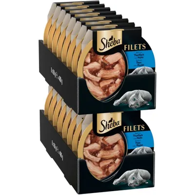 Sheba Filets, reich an Thunfisch und Huhn. Mehrere Schalen in schwarzer Verpackung mit goldfarbenem Rand sichtbar. Sheba Filets, reich an Thunfisch und Huhn. Mehrere Schalen in schwarzer Verpackung mit goldfarbenem Rand sichtbar.
