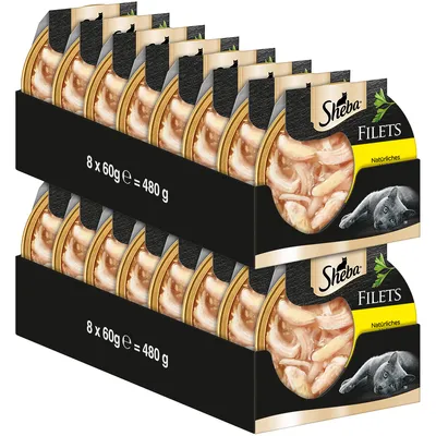 Упаковка Sheba Filets, 16 порций по 60 г, общий вес 960 г. Видны прозрачные контейнеры с кусочками филе и надписью 'Natürliches'.