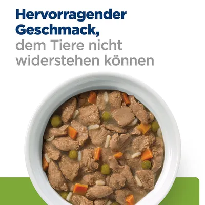 Texte en allemand : Hervorragender Geschmack, dem Tiere nicht widerstehen können. Bol de nourriture humide avec morceaux de viande, carottes et pois visibles.