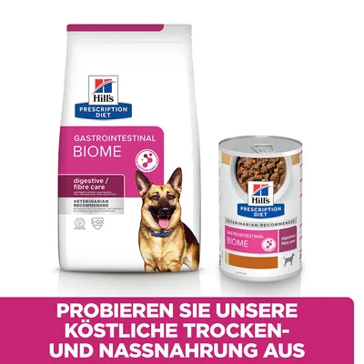 Hill's Prescription Diet Gastrointestinal Biome Trocken- und Nassnahrung für Hunde. Probieren Sie unsere köstliche Trocken- und Nassnahrung aus.